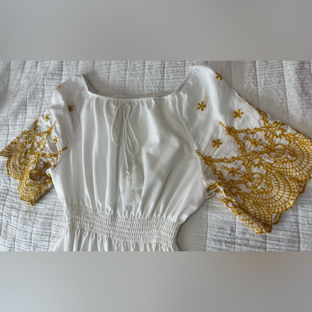 Anthropologie White Dress with Gold Embroidery - Picture 10 of 12